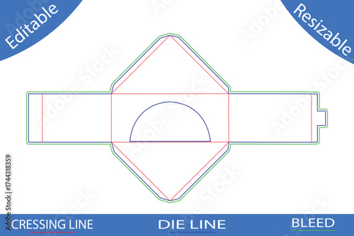 Rounded flap envelope die cut template with bleed and lines