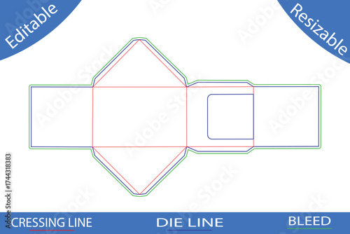 Square flap envelope die cut template with bleed and lines