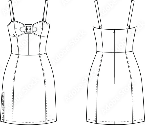 Dress flat sketch, fashion CAD drawing, vector illustration, technical apparel design, sweetheart neckline, spaghetti straps, decorative buckle, bodycon silhouette