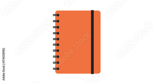 A vibrant orange spiral notebook with a black elastic closure shown