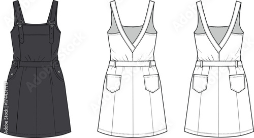 Dress flat sketch, fashion CAD drawing, vector illustration, technical apparel design, sleeveless dress, square neckline, V neckline, belted waist