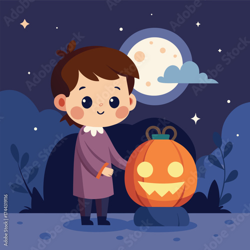 Halloween witch with pumpkin on broom flying in moonlit night cartoon illustration