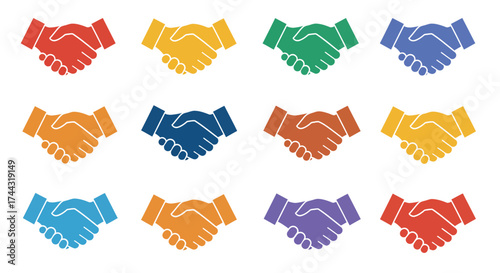 Colorful handshakes represent collaboration agreement and diverse partnerships visually