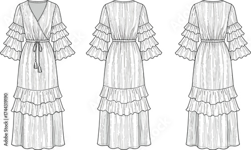 Dress flat sketch, fashion CAD drawing, vector illustration, technical apparel design, ruffle sleeves, wrap bodice, tie waist, tiered skirt, maxi dress