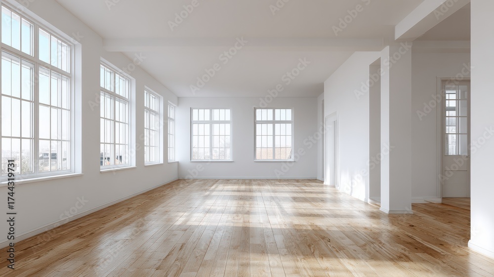 Fototapeta premium modern sunny empty loft room with white wall and wooden floor 3d render no logos no brands ar 169