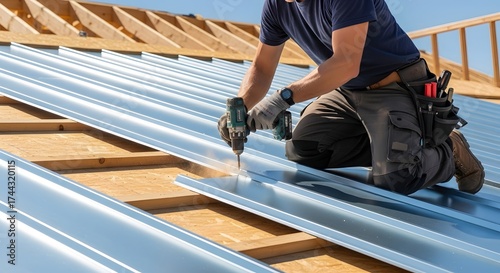 Skilled roofer installing metal panels on residential roof for construction and renovation project