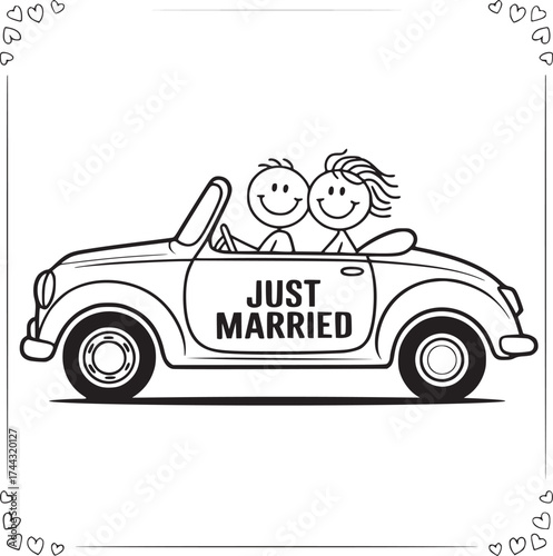 Just Married joyride: A cute pair in a classic car celebrates the start of their married life, embracing the open road. The image shows a symbol of love and new beginnings.