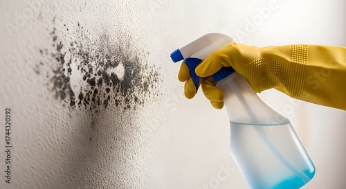 Mold removal and cleaning with protective gloves and disinfectant spray bottle for home maintenance and health safety