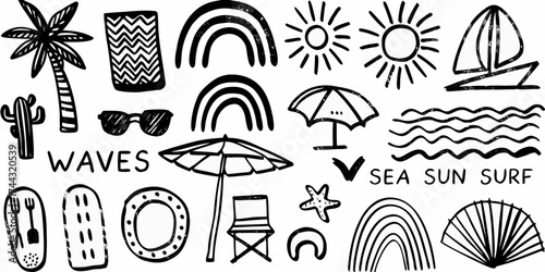 Hand drawn black and white summer beach vacation icons and symbols collection