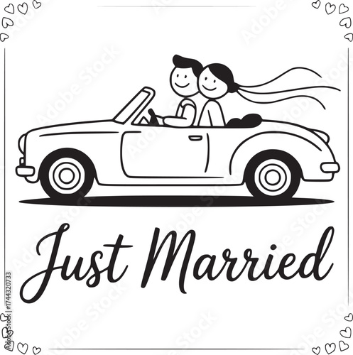 Joyful Drive: A sketch of a happy couple, hair flowing in the wind, celebrates their union as they cruise in a classic convertible.