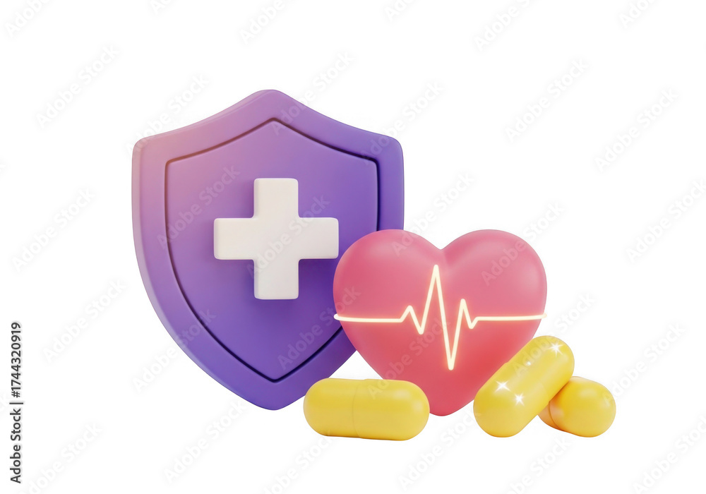 Obraz premium 3d medical healthcare protection shield heartbeat ekg cardiogram pills insurance security concept isolated on transparent background