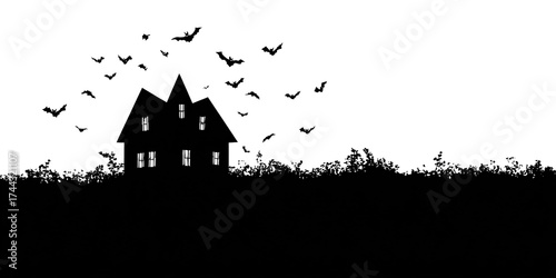 Spooky haunted house silhouette with bats flying in the night Eerie Halloween scene with dark, ominous mansion and grass Concept of horror, mystery, and Halloween night