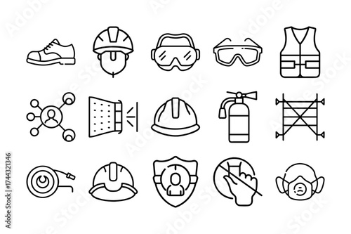 Construction Safety Line Icons Set | Industrial Protection and Equipment Outline Illustrations