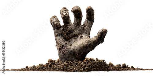 Spooky zombie hand rising from the grave on Halloween night Creepy undead hand covered in dirt emerging from the ground Concept of horror, death, and the supernatural
