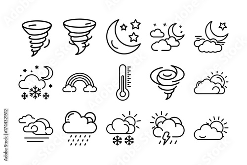 Minimal Weather Icons Set – Tornado, Moon, Clouds, Rain, and Sun Line Art