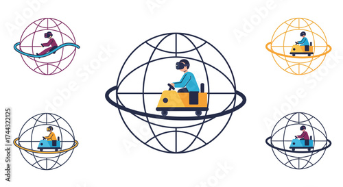 People working remotely inside spherical structures around a central globe
