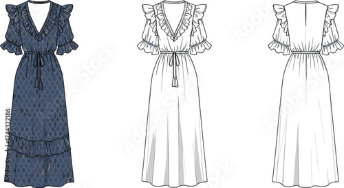 Dress flat sketch, fashion CAD drawing, vector illustration, technical apparel design, ruffle sleeves, V neckline, drawstring waist, tassel tie, flowing hem