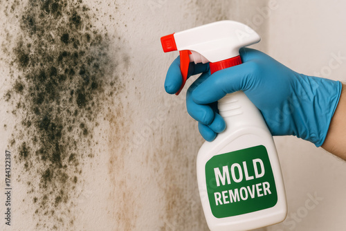 Hand spraying mold remover on black wall fungus