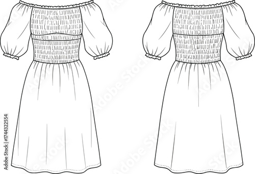Dress flat sketch, fashion CAD drawing, vector illustration, technical apparel design, off shoulder dress, puff sleeves, shirred bodice, scalloped hem
