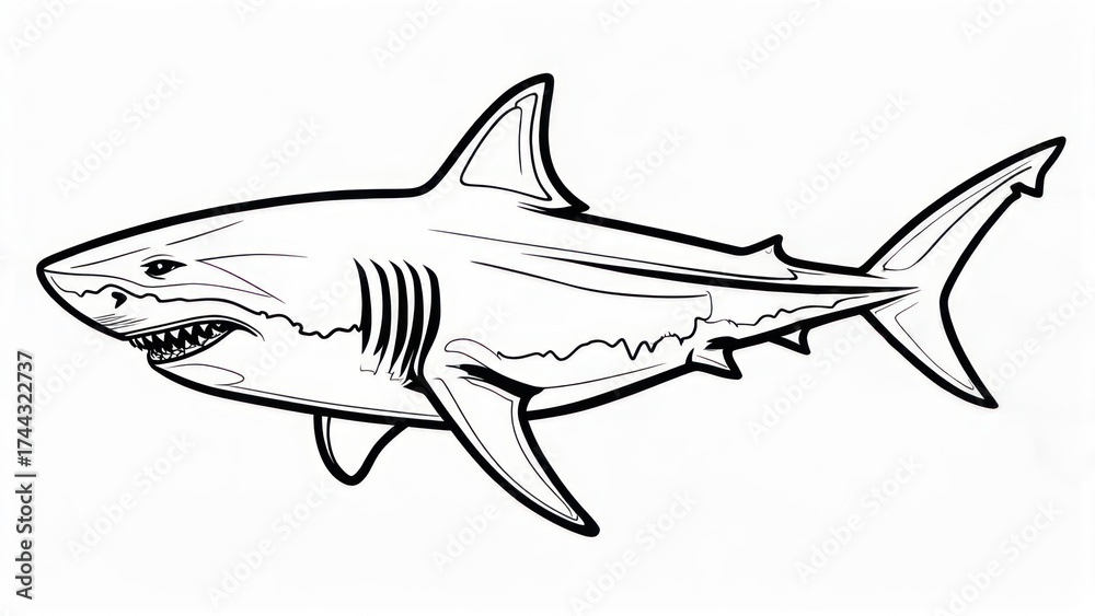 Obraz premium Detailed black and white illustration of a great white shark swimming.