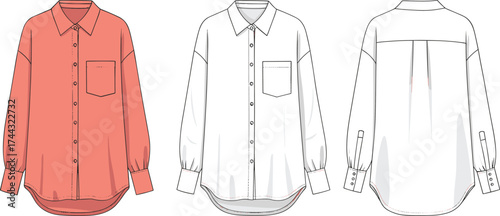 Shirt flat sketch, fashion CAD drawing, vector illustration, technical apparel design, button up shirt, chest pocket, back pleat, curved hemline