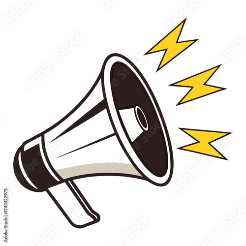 Cartoon megaphone emitting loud sound waves and lightning bolts