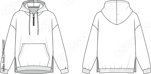 Hoodie flat sketch, fashion CAD drawing, vector illustration, technical apparel design, hooded sweatshirt, kangaroo pocket, drawstring hood, ribbed cuffs hem