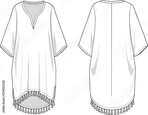 Women’s tunic flat sketch, fashion CAD drawing, vector illustration, technical apparel design, fringe hem, V neckline, short sleeves, relaxed loose fit