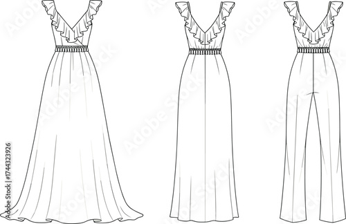 Dress and jumpsuit flat sketch, fashion CAD drawing, vector illustration, technical apparel design, ruffle straps, V neckline, fitted waistband, floor length