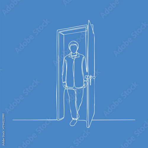 Minimalist line drawing of a person walking through a door, emphasizing simplicity and modern design elements