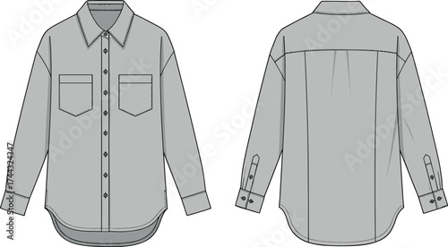 Shirt flat sketch, fashion CAD drawing, vector illustration, technical apparel design, button up shirt, chest pockets, long sleeves, curved hem
