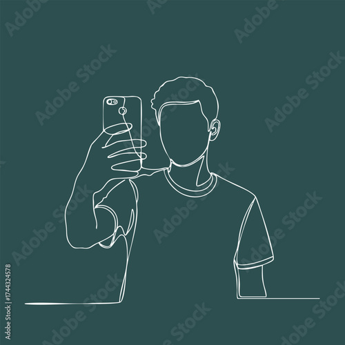Minimalist line art of a person taking a selfie with a smartphone, emphasizing modern technology and social media culture