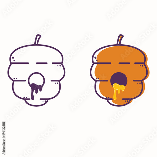 Flat Vector Illustration Beehive with Dripping Honey – Outline and Colored Version