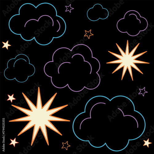 Whimsical night sky with glowing stars and clouds