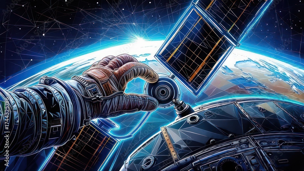 Fototapeta premium Astronauts Point of View Repairing a Satellite in Orbit.