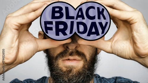Close-up of a bearded man holding depicted binoculars to his eyes with the words BLACK FRIDAY