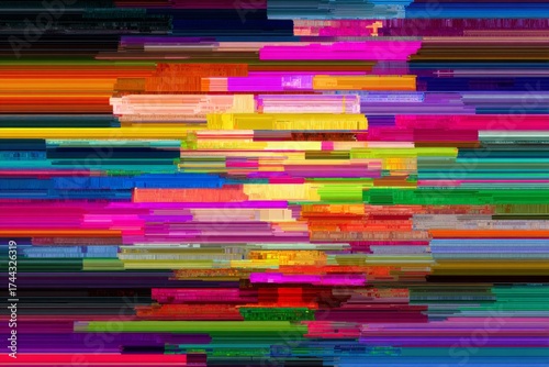Abstract digital art displays horizontal bands of bright neon colors creating a visual data corruption or computer glitch effect.