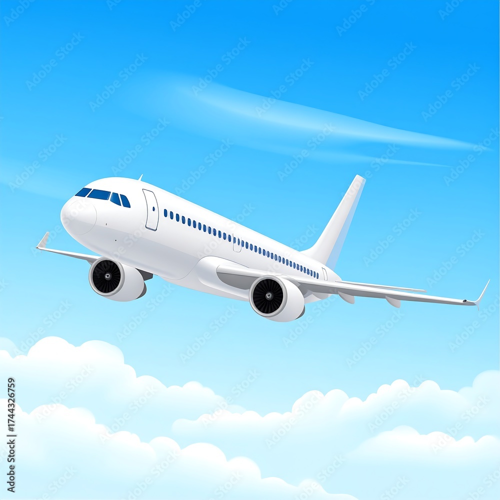 Obraz premium White jet plane soars above fluffy clouds in a clear blue sky