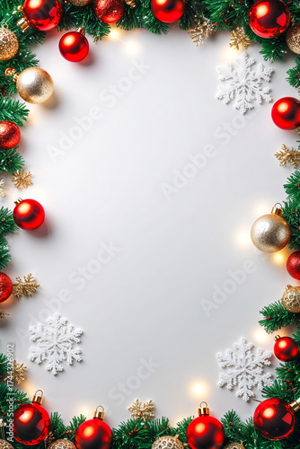 festive Christmas poster, adorned with holiday decorations around the edges, leaving the center blank for content. Merry Christmas and Happy Holidays greeting card, frame, banner