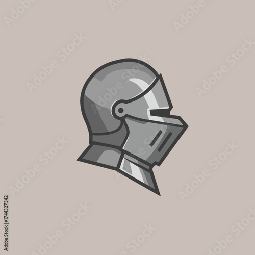 Stylized Medieval Knight Helmet Vector Illustration in Flat Design Grey Tones