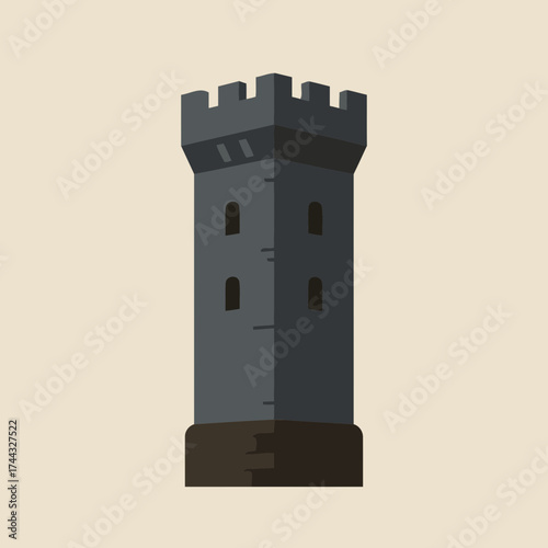 Minimalist Dark Gray Castle Tower Vector Illustration with Crenellated Battlements