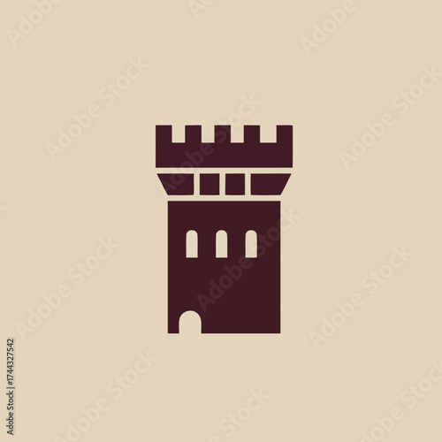 Minimalist Burgundy Castle Tower Vector Illustration on Beige Background