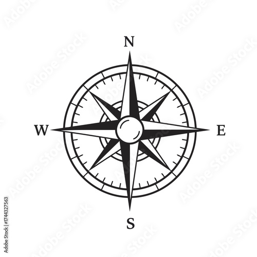 Vintage Style Navigational Compass Rose Vector Illustration in Black and White