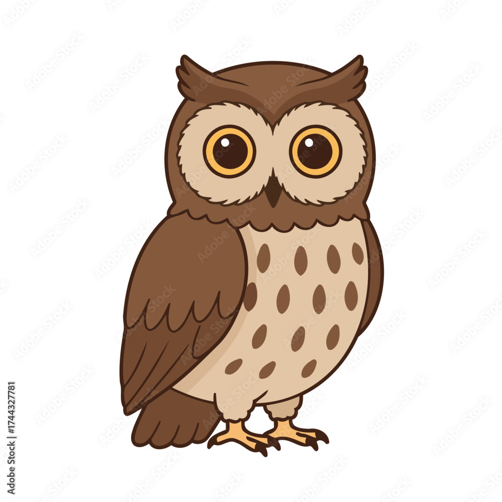 Naklejka premium Cute Cartoon Owl Vector Illustration with Big Yellow Eyes and Spotted Belly