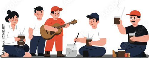 Group of friends playing guitar and drinking tea in casual relaxed setting vector illustration 