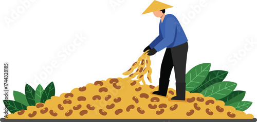 Farmer harvesting crops standing on large pile of nuts surrounded by green leaves vector illustration 