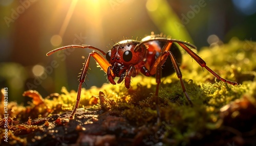 Close-up of a large, reddish-brown ant on moss-covered wood, bathed in sunlight