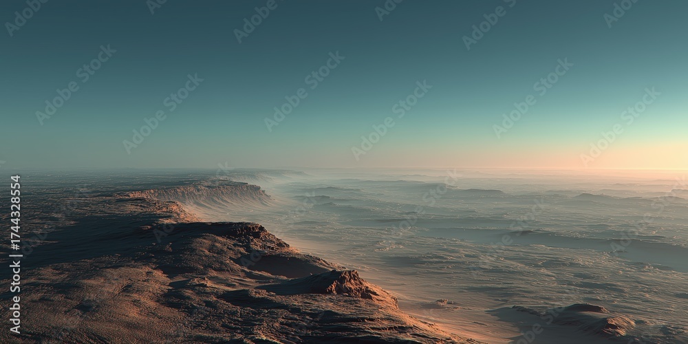 Fototapeta premium Vast aerial desert landscape with soft horizon for travel advertising. 