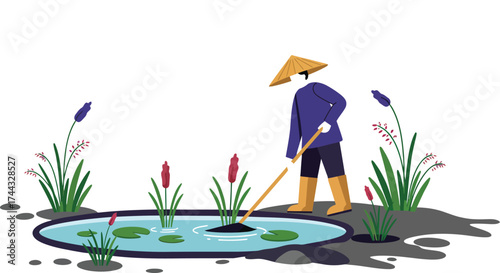Farmer in traditional hat working near pond with plants and reeds vector illustration 