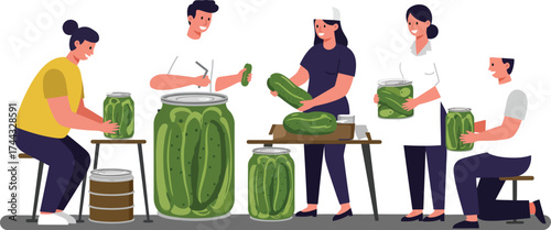 People preparing and preserving cucumbers in jars for pickling process in kitchen setting vector illustration 